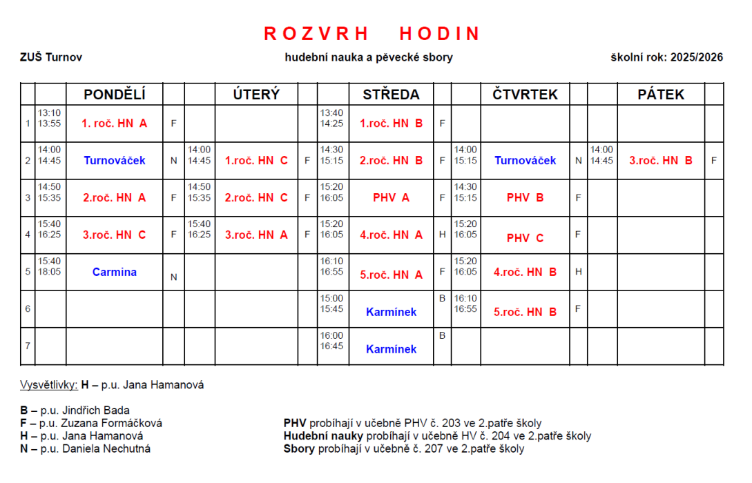 Rozvrh hudebních nauk a sborů